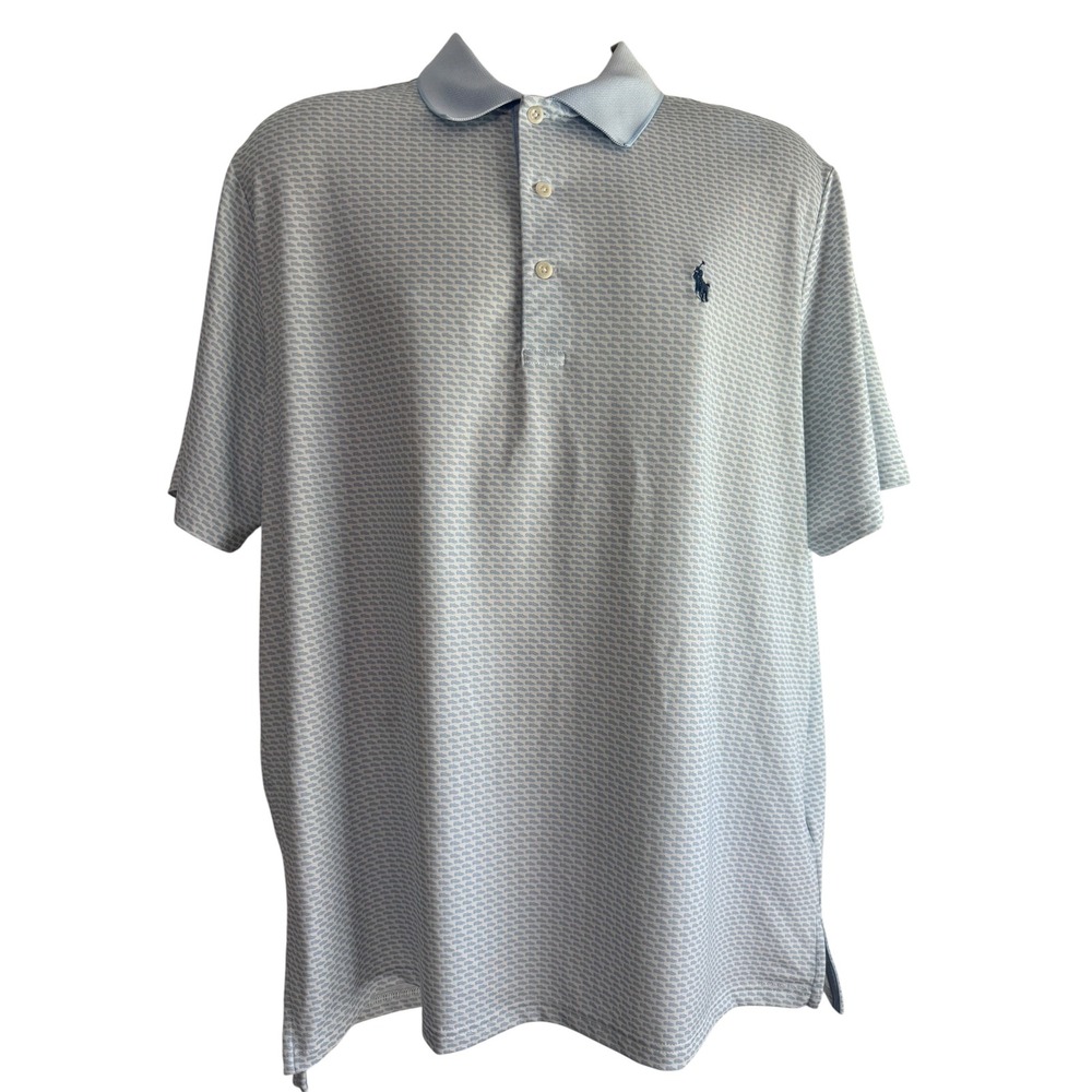 RLX Ralph Lauren Mens Large Blue Boat Shoe Print Golf Polo Shirt Short Sleeve